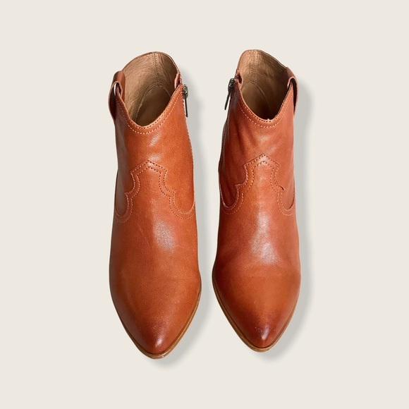 Frye Reina Genuine Cognac Leather Pull On Everyday Casual Wood Heel Ankle Bootie - Picture 6 of 14